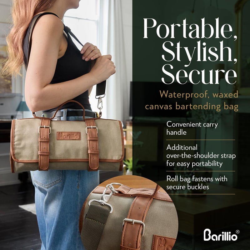 Barillio Bartender Bag (Without Tools) - Stylish, Waxed Canvas, Roll Up Traveling Bar Bag for Carrying Bar Tools and Cocktail Shaker Set with Shoulder Strap - Portable Travel Bartending Roll - Image 4